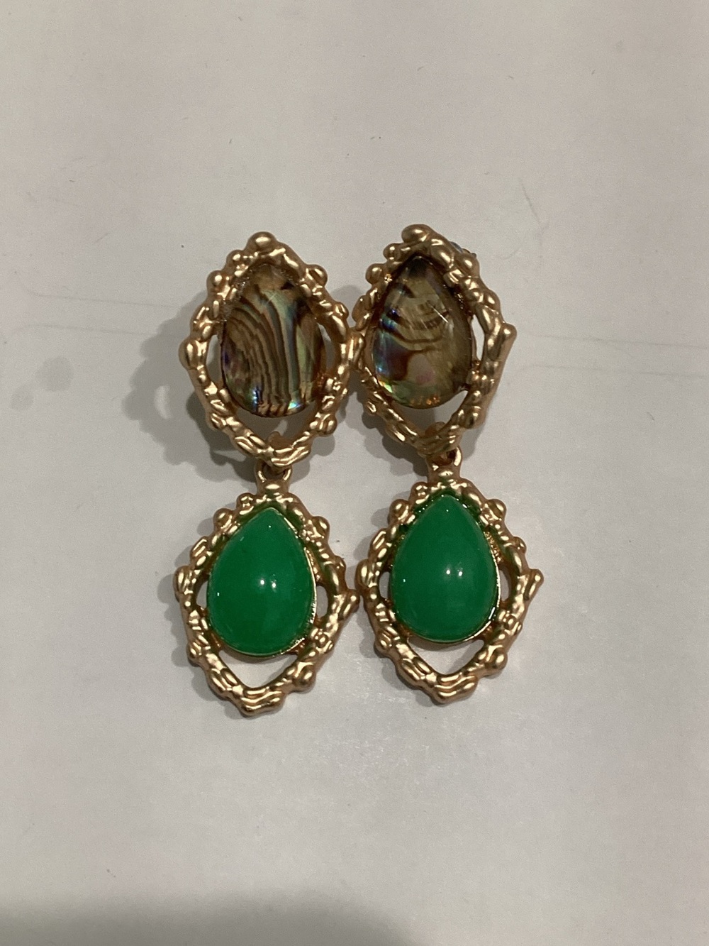 Gold-Tone Drop Earrings with Green Gem and Abalone Accent